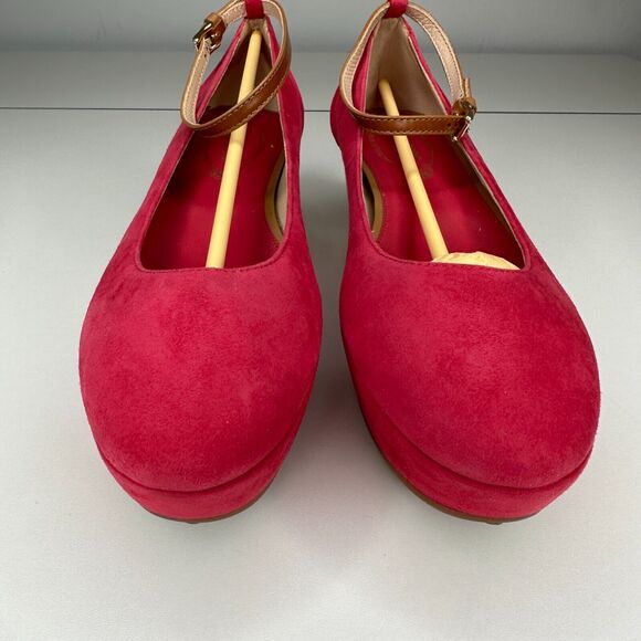 Tod's Deep Pink Suede Ankle Strap Ballerina Style Round Toe Wedge Shoes 38 / 8 - Picture 5 of 13